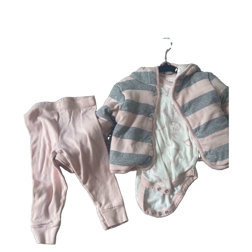 Burt's Bees Unisex 3pc Pants Set 6-9M Striped Jacket Bodysuit Pants Pink